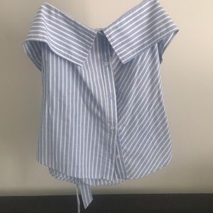 Strapless top light blue w white stripes
